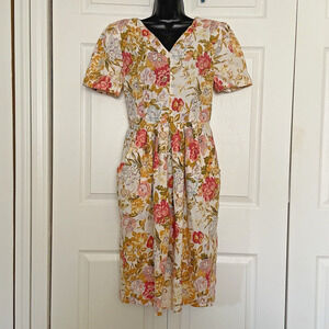 Vintage 80s Ann Taylor Linen Dress Women 10 Beige Pink Floral Pleated Pockets